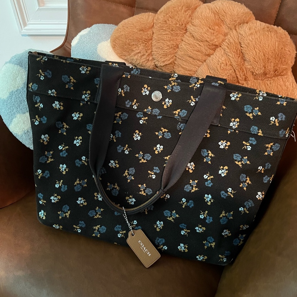 Coach Black and Blue Tote with Floral Pattern